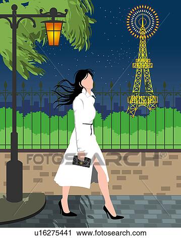 Clip Art - View of a woman walking on a roadside.. Fotosearch