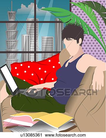Clip Art - View of a woman working on a laptop.. Fotosearch