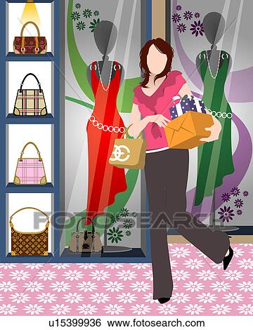 Stock Illustration - Woman standing outside a retail store.. Fotosearch