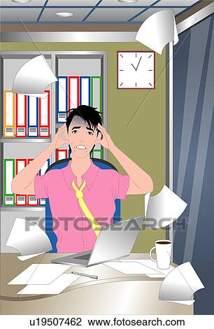 Drawing - Man stressed with workload.. Fotosearch