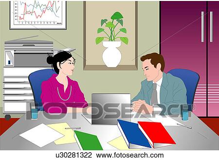 Two people having conversation in an office. View Large Illustration Drawing - Two people having conversation in an office.. Fotosearch