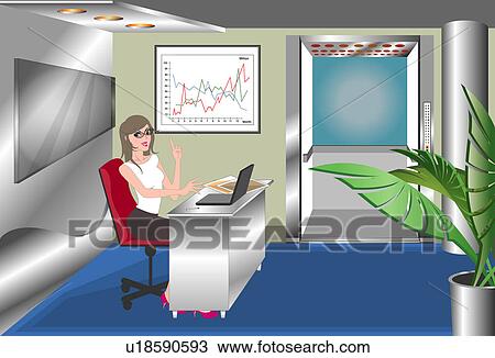 View of a woman sitting in an office. View Large Illustration Drawing - View of a woman sitting in an office.. Fotosearch