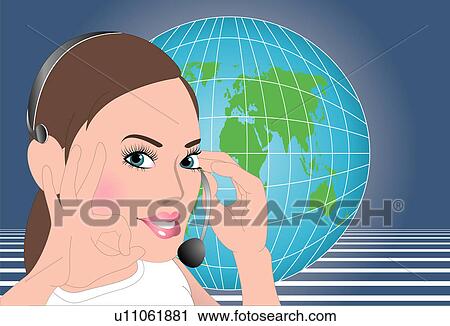 Woman talking thru headphone. View Large Illustration Clip Art - Woman talking thru headphone.. Fotosearch