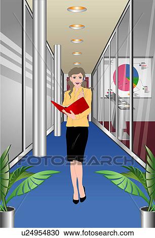Woman walking in an office. View Large Illustration Clipart - Woman walking in an office.. Fotosearch