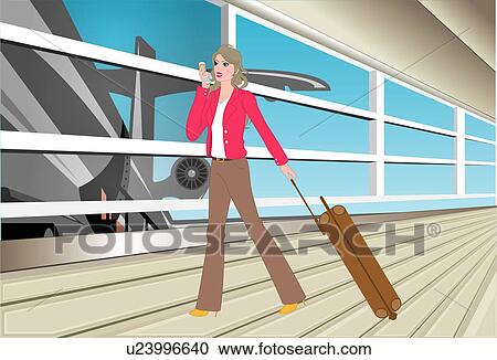 Clipart - Woman with luggage at an airport.. Fotosearch