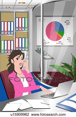 Drawing - Woman working in an office.. Fotosearch