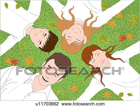 Cheerful family lying on ground. View Large Illustration Drawing - Cheerful family lying on ground.. Fotosearch