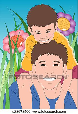 Clipart - Close-up of father carrying son on his shoulder.. Fotosearch