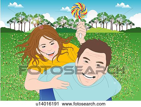 Clip Art - Father and daughter playing in a garden.. Fotosearch