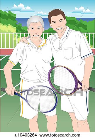 Father and son standing in a badminton court. View Large Illustration Stock Illustration - Father and son standing in a badminton court.. Fotosearch