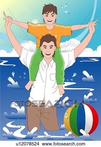 Stock Illustration - Father carrying son on his shoulders.. Fotosearch