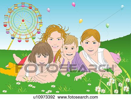 Mother and children lying on grass. View Large Illustration Drawing - Mother and children lying on grass.. Fotosearch