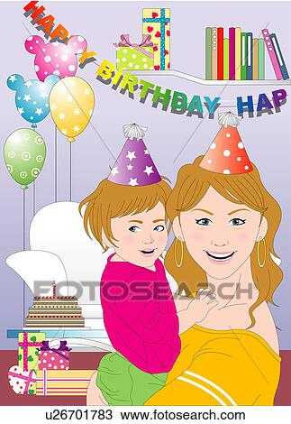 Drawing - Mother and daughter celebrating a party.. Fotosearch