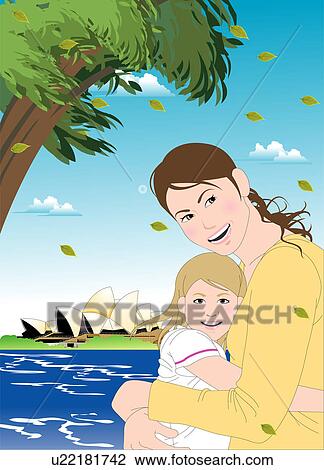 Mother and daughter hugging each other. View Large Illustration Drawing - Mother and daughter hugging each other.. Fotosearch