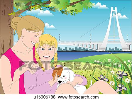 Stock Illustration - Mother and girl sitting in a garden.. Fotosearch