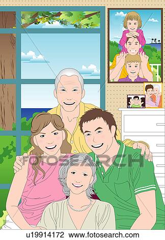 Portrait of a happy family. View Large Illustration Drawing - Portrait of a happy family.. Fotosearch