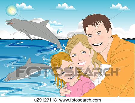 Stock Illustration - Portrait of a happy family near sea.. Fotosearch