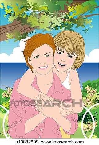 Portrait of a mother and a daughter in a garden. View Large Illustration Stock Illustration - Portrait of a mother and a daughter in a garden.. Fotosearch