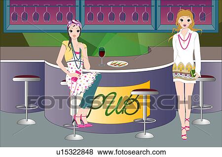 Two women in a pub near a bar counter. View Large Illustration Stock Illustration - Two women in a pub near a bar counter.. Fotosearch