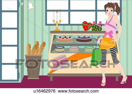 Stock Illustration - View of a woman in a bakeshop.. Fotosearch