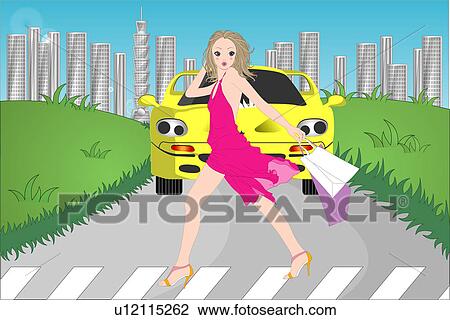 Drawing - Woman crossing the road.. Fotosearch