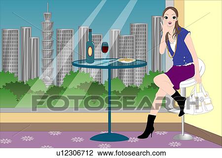 Drawing - Woman sitting in a restaurant.. Fotosearch