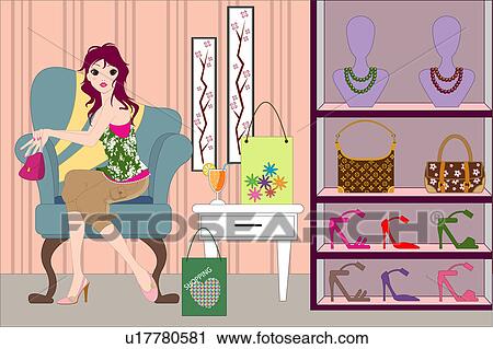 Clip Art - Woman sitting in a retail shop.. Fotosearch