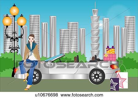 Woman sitting on a car bonnet. View Large Illustration Stock Illustration - Woman sitting on a car bonnet.. Fotosearch