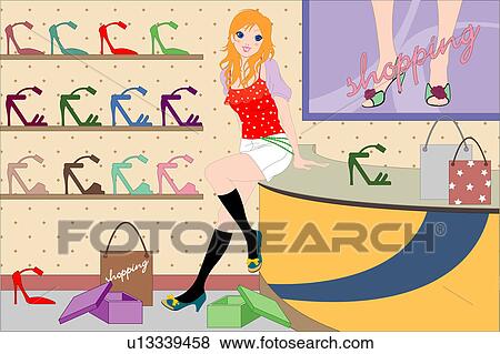 Stock Illustration - Woman sitting on a counter in a retail store.. Fotosearch