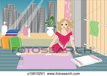Woman sitting on a mat. View Large Illustration Clip Art - Woman sitting on a mat.. Fotosearch