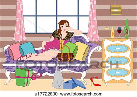 Woman sitting on a sofa. View Large Illustration Clipart - Woman sitting on a sofa.. Fotosearch