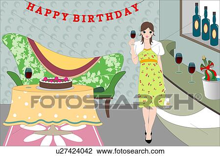 Woman standing in a decorated room. View Large Illustration Drawing - Woman standing in a decorated room.. Fotosearch
