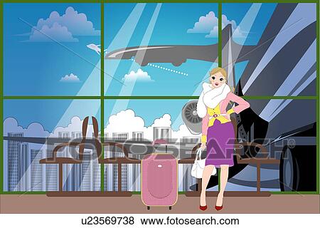 Stock Illustration - Woman standing in a waiting room of an airport.. Fotosearch