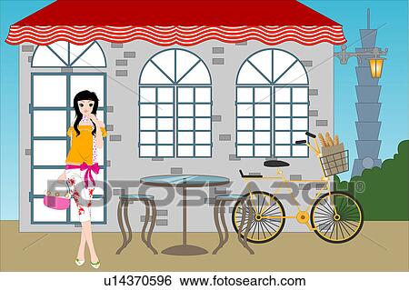 Woman standing outside a house. View Large Illustration Stock Illustration - Woman standing outside a house.. Fotosearch