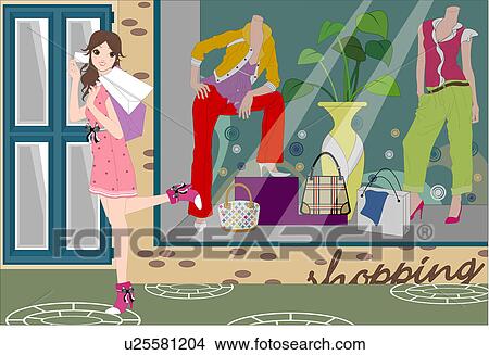Woman standing outside a retail shop. View Large Illustration Stock Illustration - Woman standing outside a retail shop.. Fotosearch