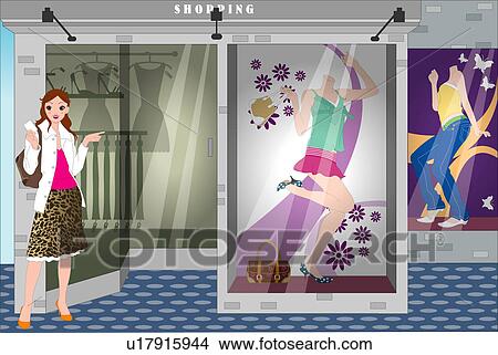 Woman standing outside a retail store. View Large Illustration Stock Illustration - Woman standing outside a retail store.. Fotosearch