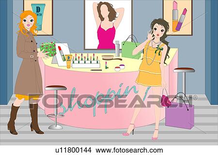Stock Illustration - Women in a cosmetic shop.. Fotosearch
