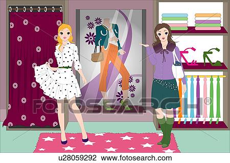 Women standing in retail shop. View Large Illustration Drawing - Women standing in retail shop.. Fotosearch