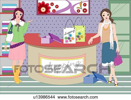 Stock Illustration - Women standing in retail shop.. Fotosearch
