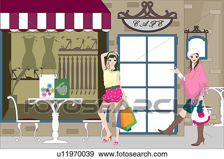 Stock Illustration - Women standing outside a shop.. Fotosearch