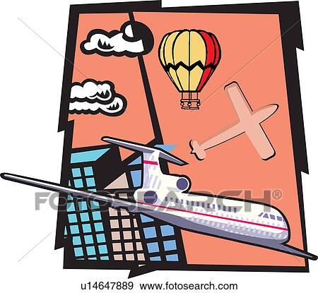 Stock Illustration - Aeroplanes and parachute flying over building. Fotosearch