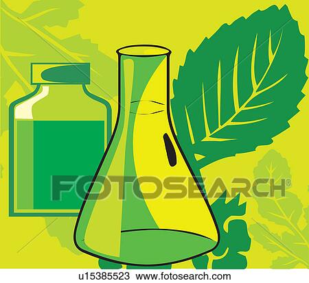 Drawing - beaker jar and leaf. Fotosearch