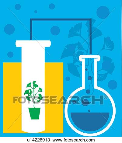 Drawing - Beaker, test tube and potted plant. Fotosearch