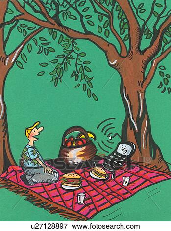 Stock Illustration - Cell phone and man having a picnic. Fotosearch