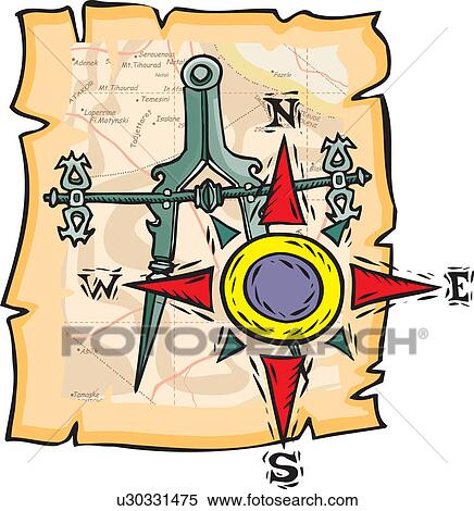 Stock Illustration - Close up view of a compass with directions made on torn sheet . Fotosearch