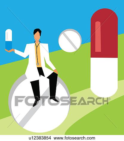 Stock Illustration - Front view of a doctor holding capsule . Fotosearch