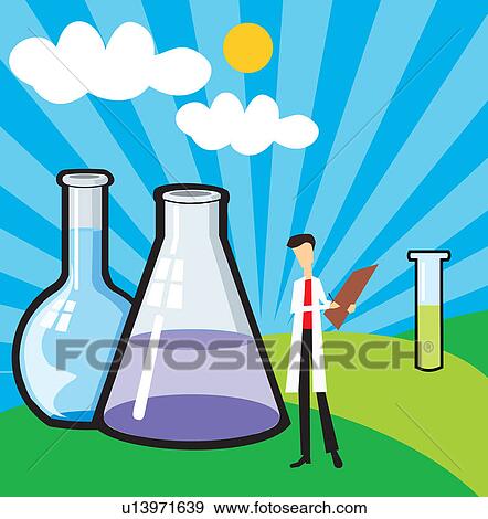 Front view of a scientist standing with beaker and test tube View Large Illustration Stock Illustration - Front view of a scientist standing with beaker and test tube . Fotosearch