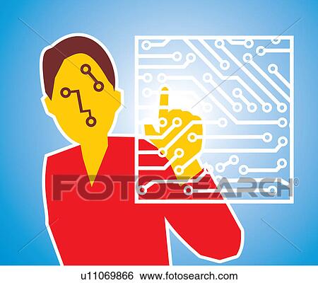 Front view of a woman touching circuit board View Large Illustration Stock Illustration - Front view of a woman touching circuit board. Fotosearch