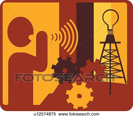Stock Illustration - Human figure with cogwheels and tower. Fotosearch