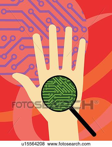 Inspection of hand with circuit board and magnifier View Large Illustration Stock Illustration - Inspection of hand with circuit board and magnifier. Fotosearch